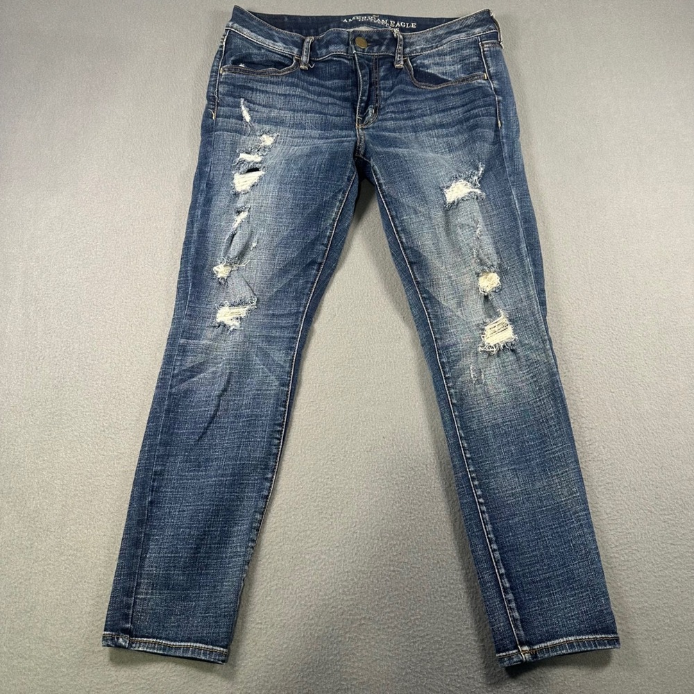 American Eagle Super Stretch Jeggings Size 12 Short Distressed Blue Denim Jeans